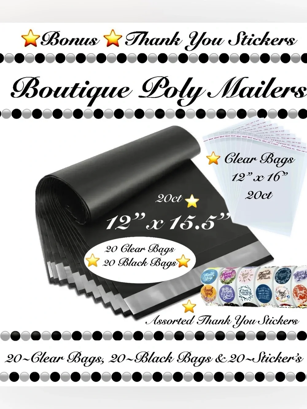 60pcs Shipping Package 20 Black Poly Mailers 20 Clear bags 20 stickers